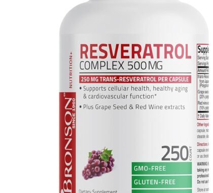 Bronson Resveratrol 500 Complex Standardized Trans-Resveratrol + Extracto de Semilla de Uva y Vino Tinto, 250 Cápsulas