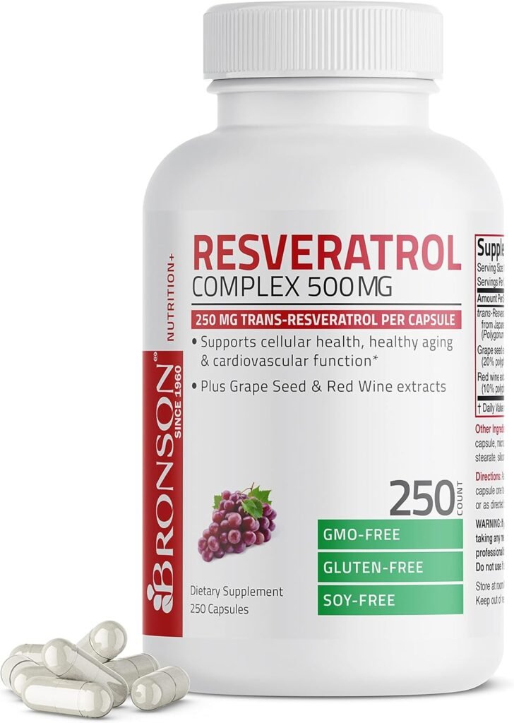 Bronson Resveratrol 500 Complex Standardized Trans-Resveratrol + Extracto de Semilla de Uva y Vino Tinto, 250 Cápsulas