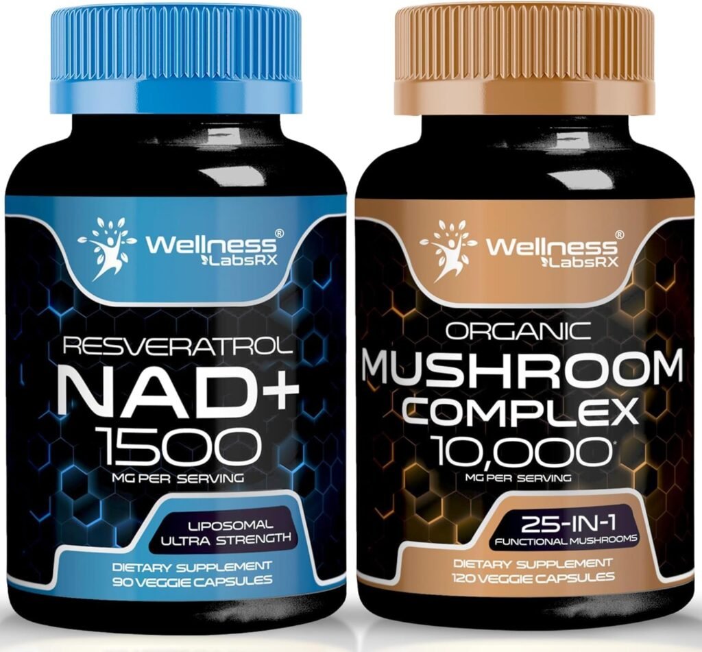 Suplemento NAD, 1500 mg - Suplemento liposomal NAD+ con resveratrol Cápsulas de suplemento de hongos orgánicos - 10000 mg - Cápsulas complejas de hongos 25 en 1