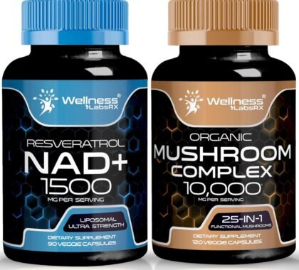 Suplemento NAD, 1500 mg - Suplemento liposomal NAD+ con resveratrol Cápsulas de suplemento de hongos orgánicos - 10000 mg - Cápsulas complejas de hongos 25 en 1